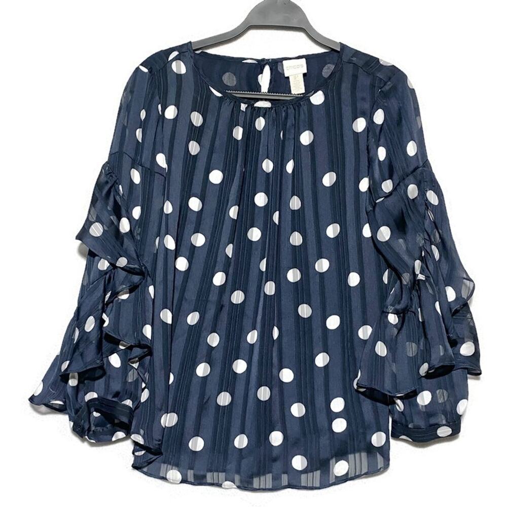 Chicos Polka Dot Pleat-Sleeve Top Women's 1P (8 Medium Petite) Blue and White